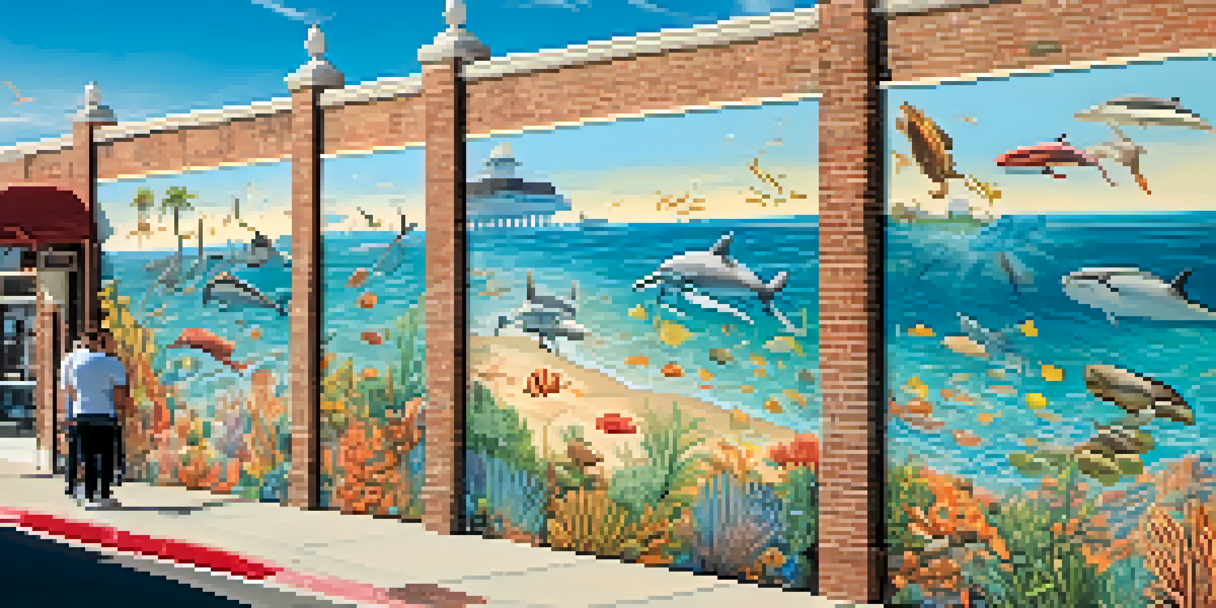 A colorful mural illustrating coastal life in Carlsbad with marine life and beach scenes, surrounded by people enjoying the park.