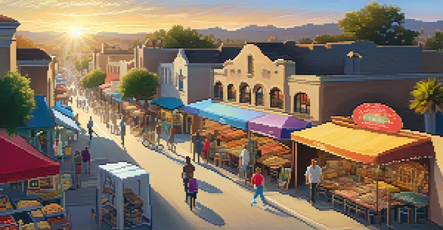 Aerial view of Carlsbad Village featuring a lively street market with colorful stalls and vibrant buildings.