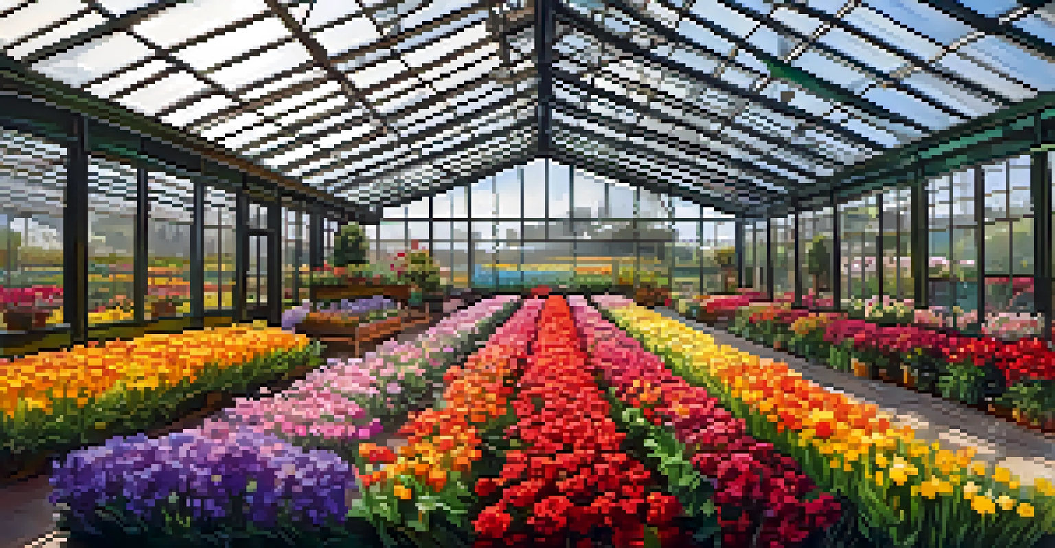 A greenhouse filled with colorful flowers at Carlsbad Ranch on a rainy day.