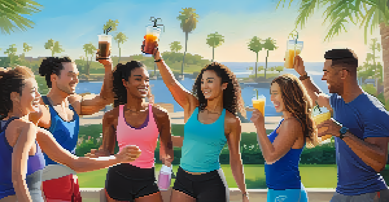 A group of friends joyfully celebrating after a workout, sharing smoothies and high-fives in a scenic outdoor setting.