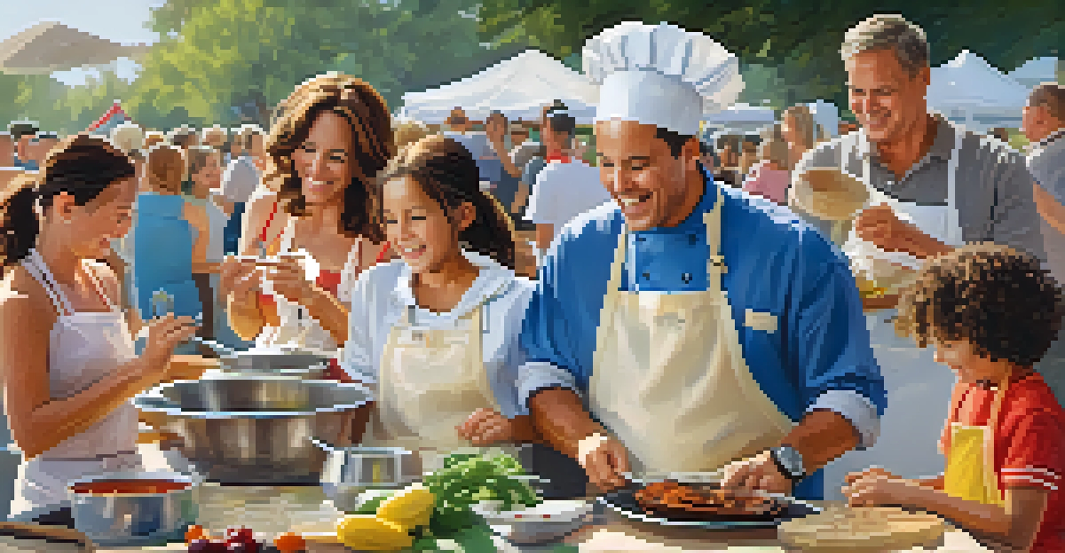 A family enjoying a cooking demonstration at the Carlsbad Village Faire, with a chef and fresh ingredients in a lively atmosphere.