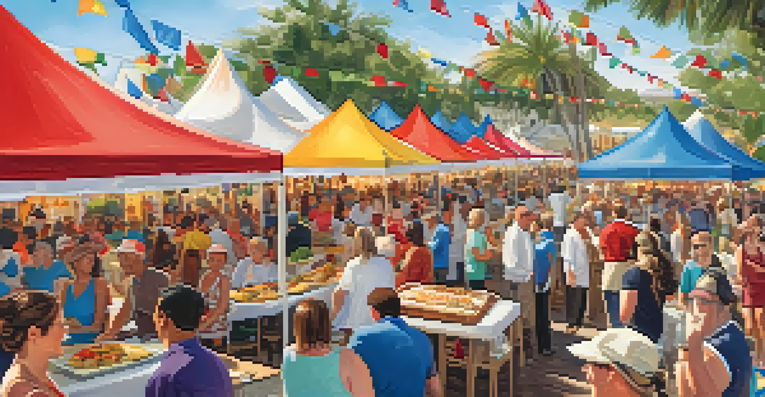A community culinary event in Carlsbad with chefs showcasing their dishes, surrounded by colorful tents and enthusiastic attendees.