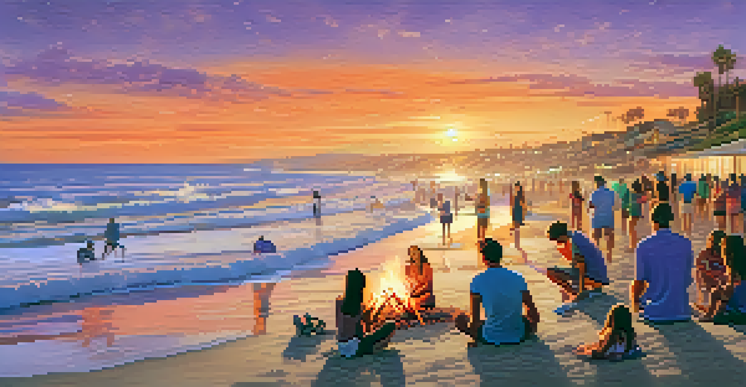Families enjoying a summer evening at Carlsbad State Beach, with bonfires and surfers during sunset.