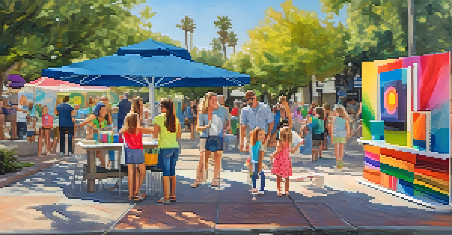 A family participating in interactive art activities during Carlsbad's art walk, with children creating art and parents taking photos.