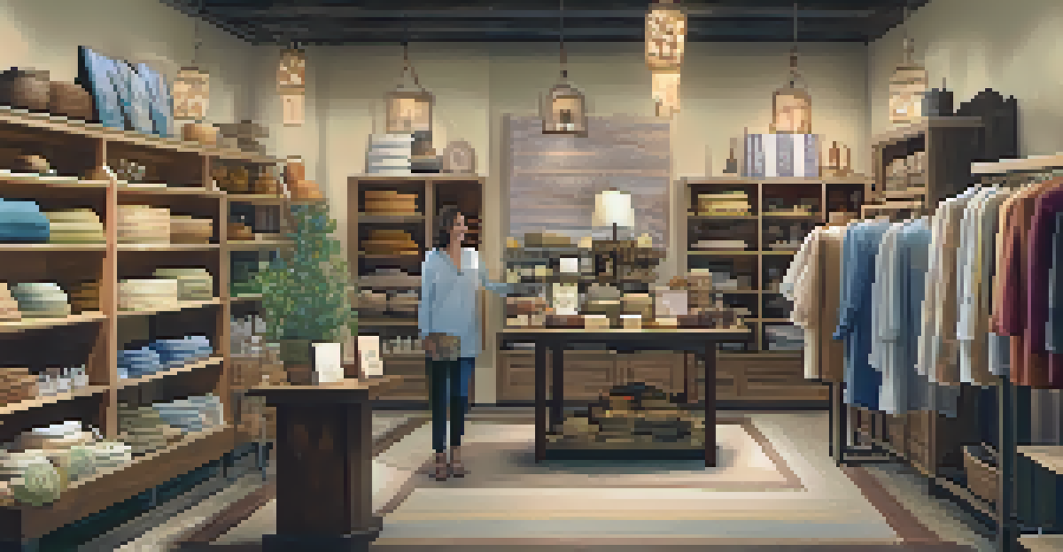 A cozy boutique interior in Carlsbad displaying handmade artisan goods with a shopkeeper assisting a customer.