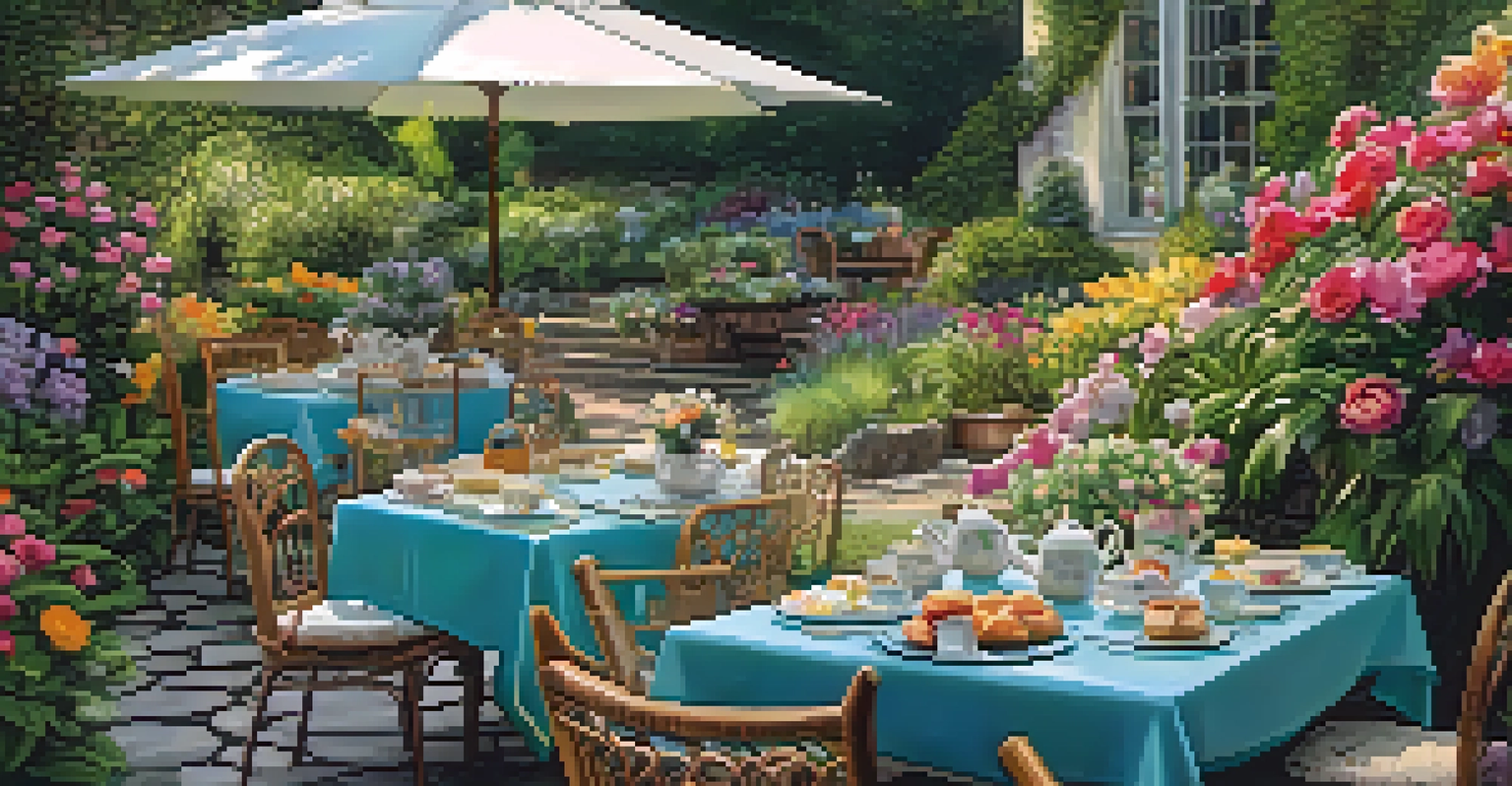 A beautiful garden café scene with tea and pastries, surrounded by flowers and greenery.