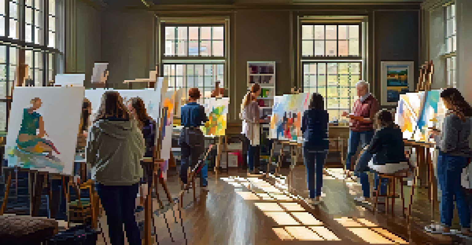 A local artist leading a painting workshop with participants creating their own artworks in a warm, well-lit studio.