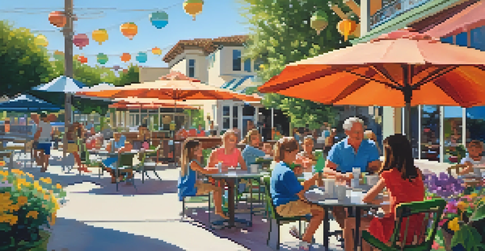 A sunny outdoor coffee shop in Carlsbad with families enjoying drinks, kids playing nearby, and colorful umbrellas.