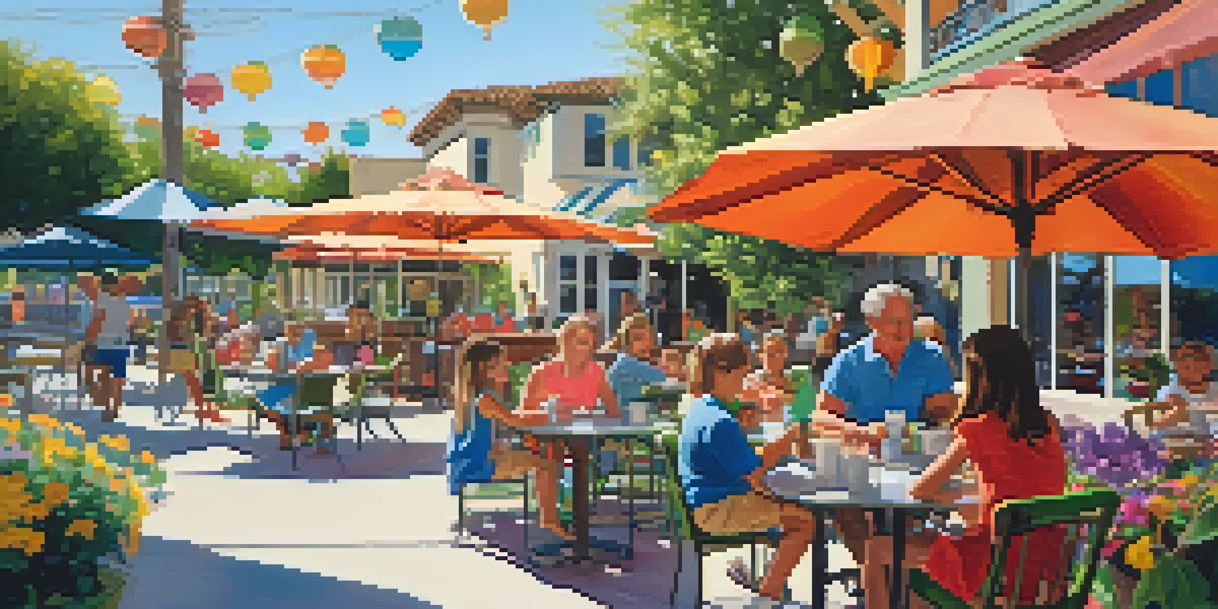 A sunny outdoor coffee shop in Carlsbad with families enjoying drinks, kids playing nearby, and colorful umbrellas.
