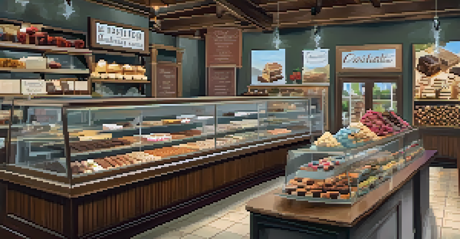An inviting dessert shop with a display of chocolates and gelato, filled with happy customers.