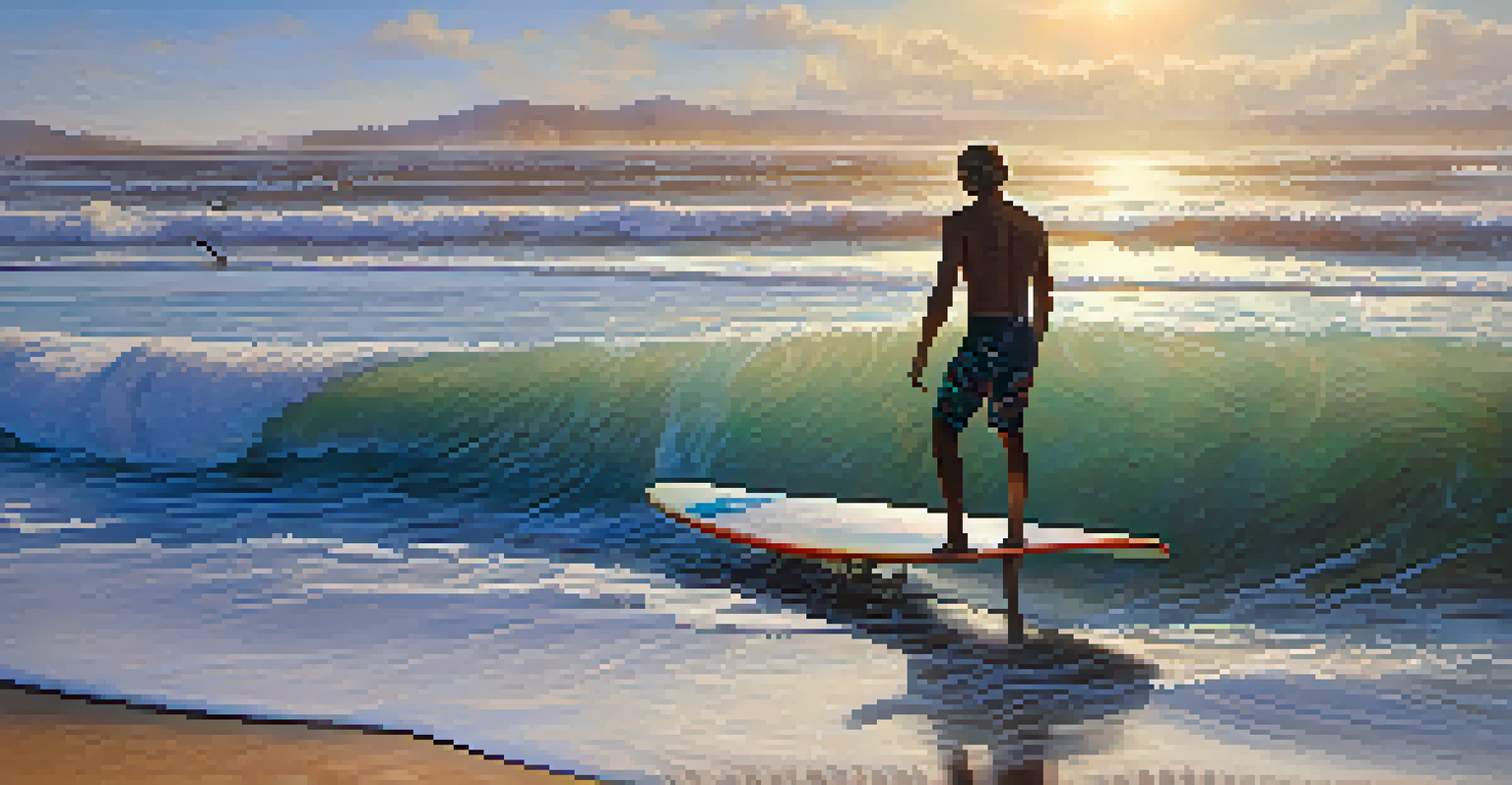 A surfer on the beach handling their colorful surfboard with ocean waves in the background.