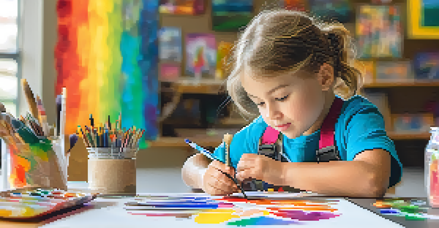 A child engaged in a creative workshop at a Carlsbad museum, happily painting on a canvas with art supplies around them.