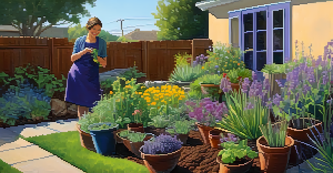 A gardener adding scraps to a wooden compost bin in a colorful native plant garden, with sunlight filtering through leaves.
