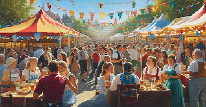 A lively Oktoberfest scene with people in traditional Bavarian clothing, colorful decorations, and food stalls, set in a sunny outdoor atmosphere.