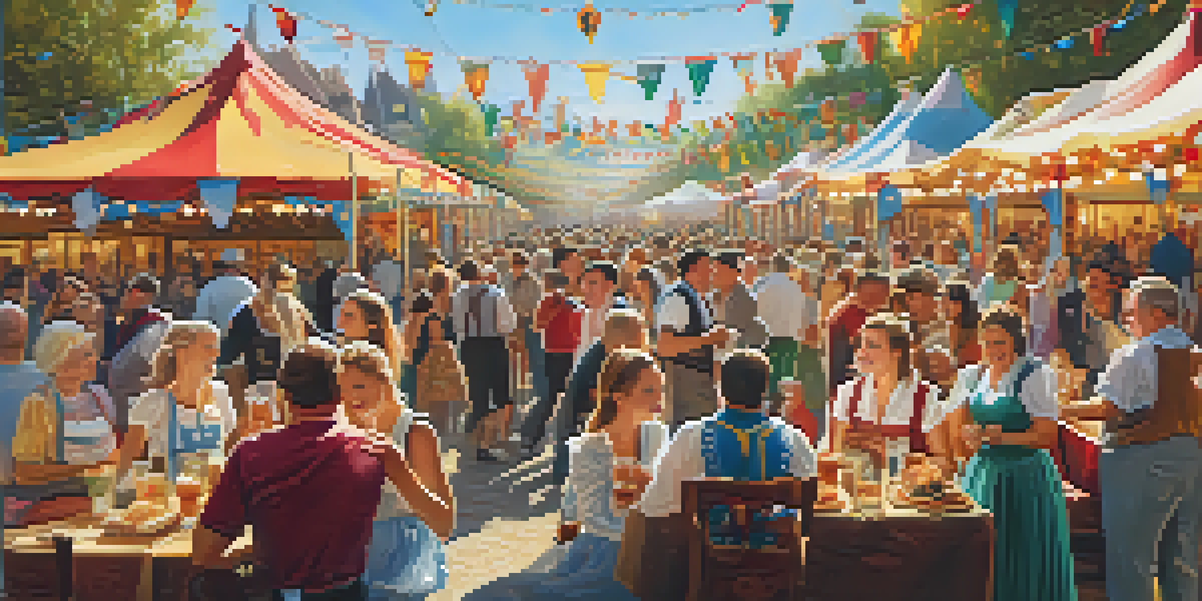 A lively Oktoberfest scene with people in traditional Bavarian clothing, colorful decorations, and food stalls, set in a sunny outdoor atmosphere.