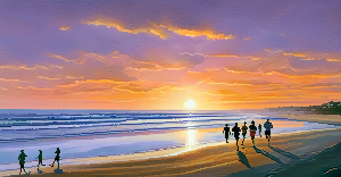 A beautiful sunset over Carlsbad State Beach, with joggers silhouetted along the shoreline.