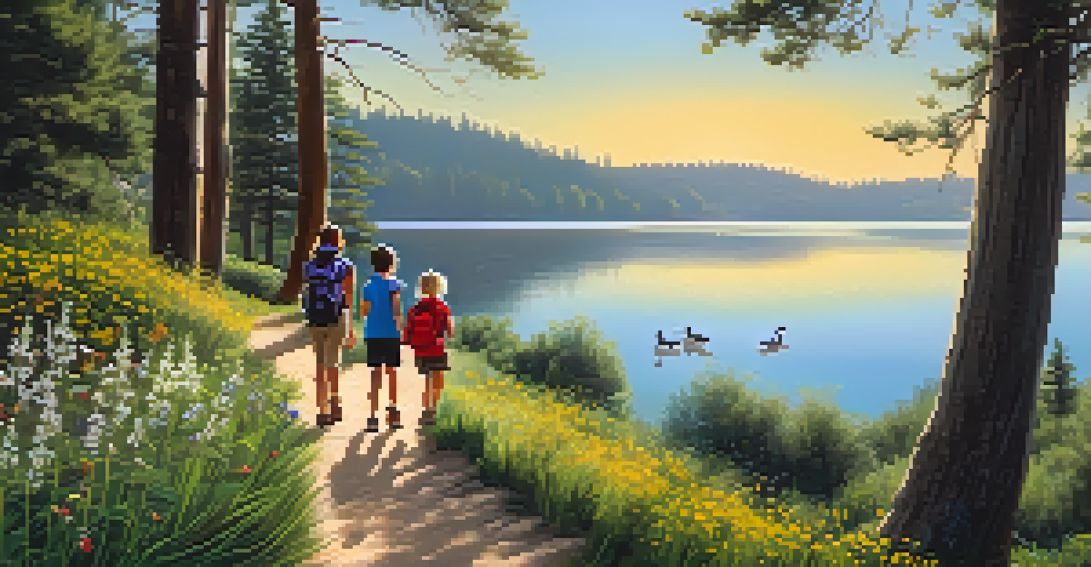 A family enjoying a hike on a gentle trail with children pointing at ducks in a lake surrounded by trees and flowers.