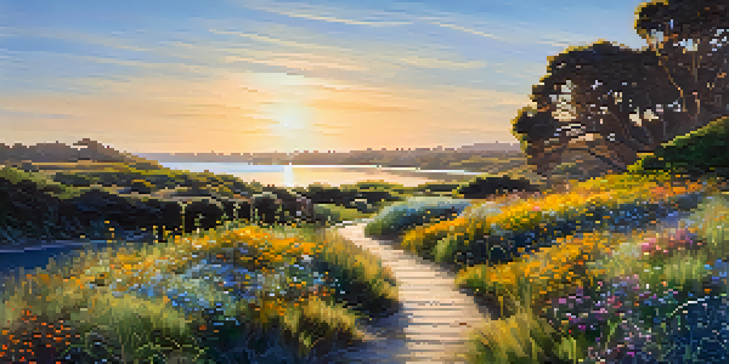 A tranquil lagoon trail with lush green surroundings, vibrant wildflowers, and various birds, under a golden sunset sky.