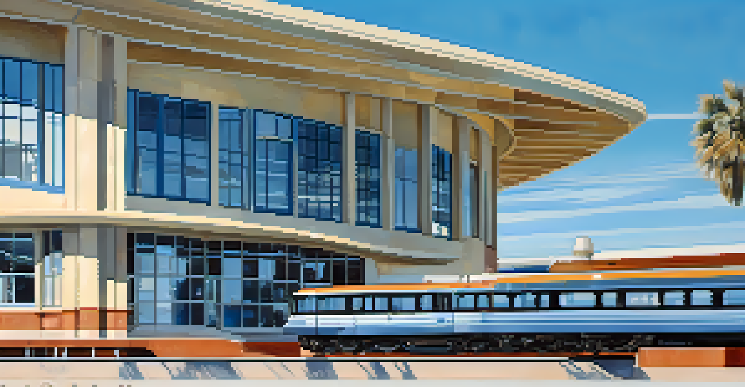 A Streamline Moderne train station in Carlsbad with sleek design and a high-speed train arriving on a sunny day.