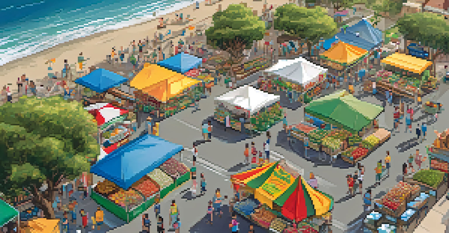 An aerial view of a vibrant farmers market with families engaging in activities, colorful stalls, and a festive atmosphere.