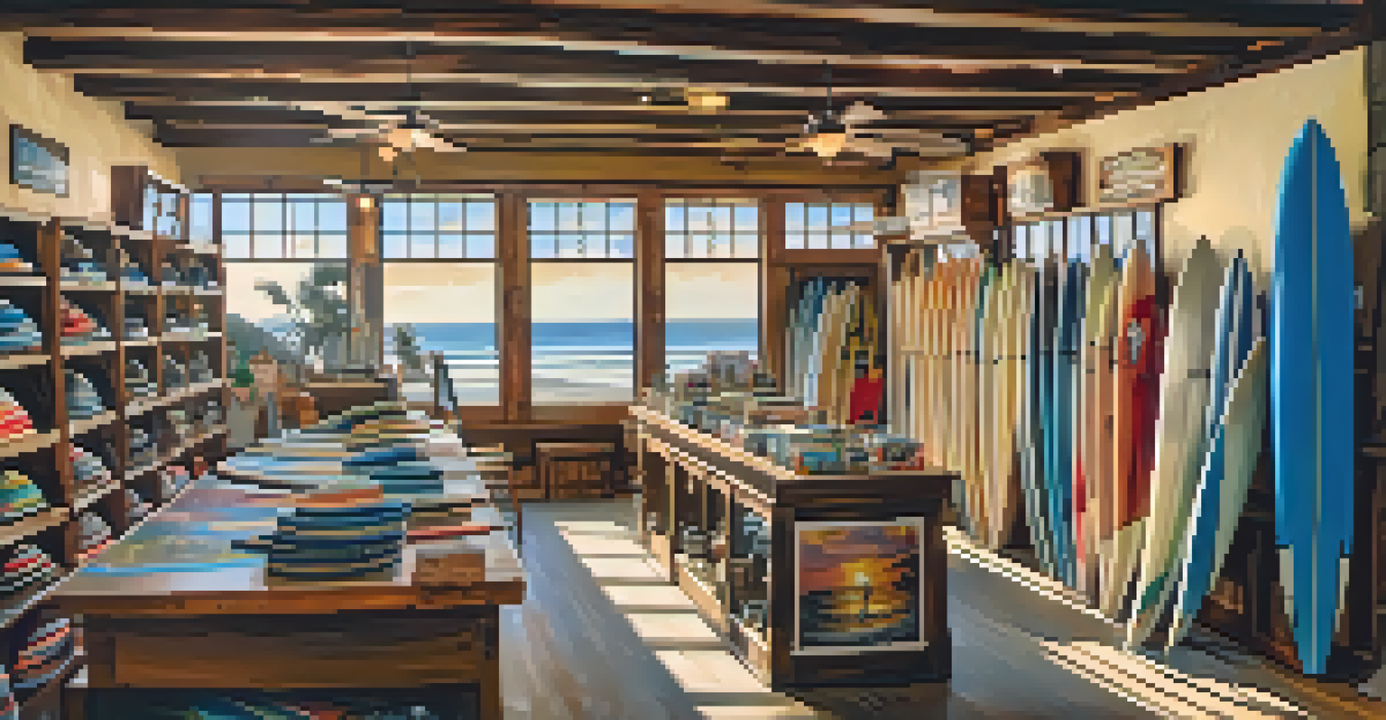 A charming surf shop showcasing colorful surfboards and surf culture memorabilia.
