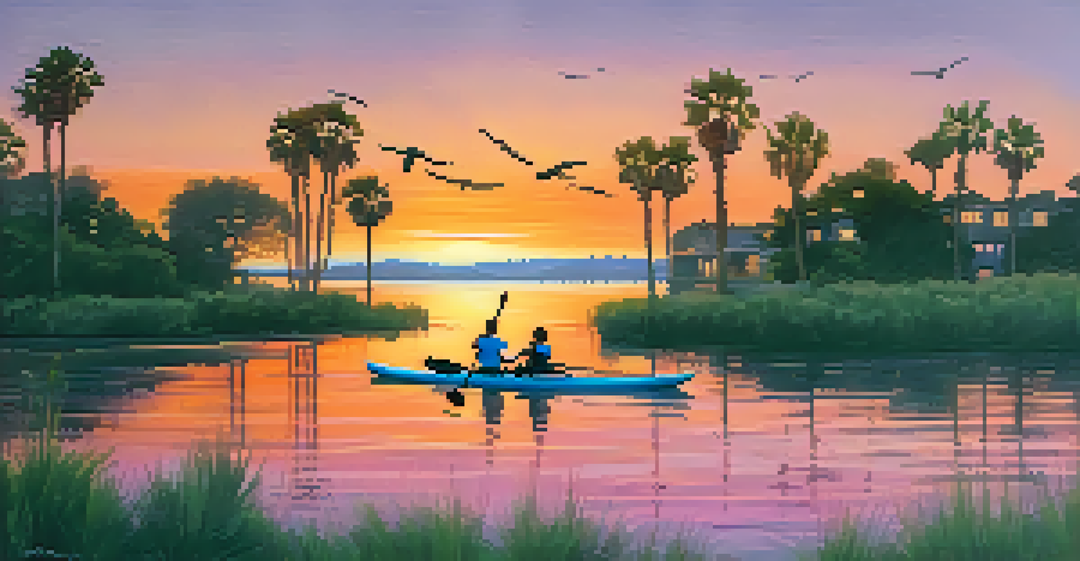 Families kayaking and paddleboarding in Carlsbad Lagoon at sunset, with colorful reflections in the water.