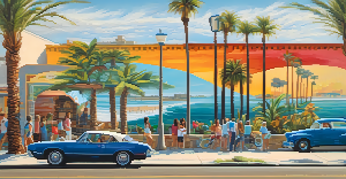 A colorful mural representing coastal life in Carlsbad, with people engaging around it, set against a backdrop of palm trees under bright sunlight.