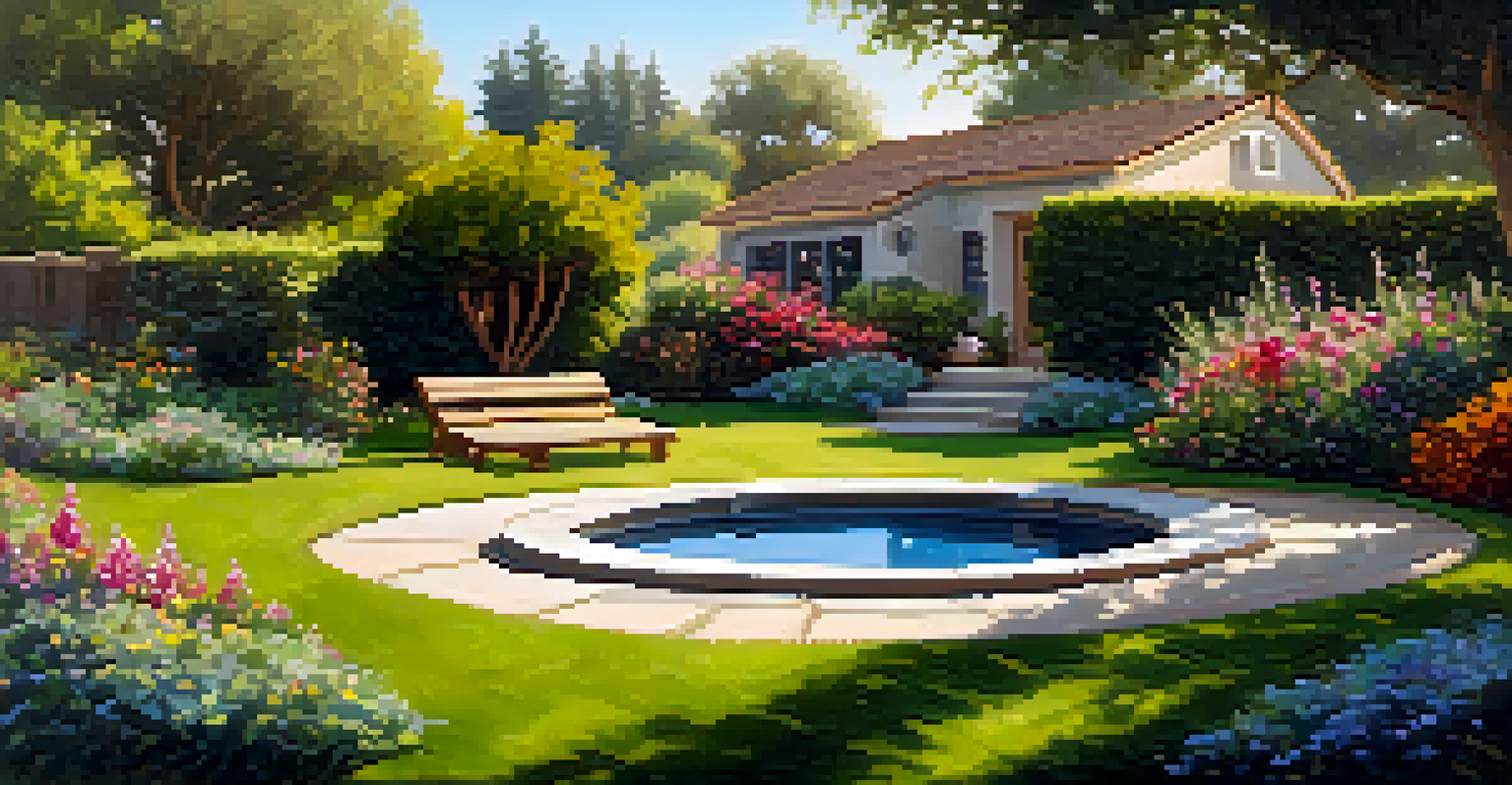 A meditation circle with cushions in a garden, surrounded by flowers and a stream, with soft sunlight filtering through the trees.