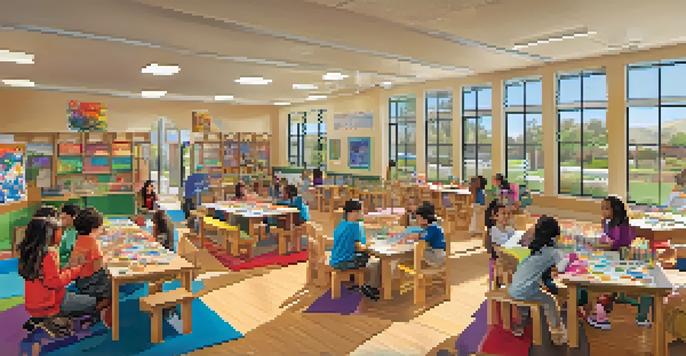 Children of various ethnicities participating in arts and crafts at a community center, surrounded by colorful art supplies and warm lighting.