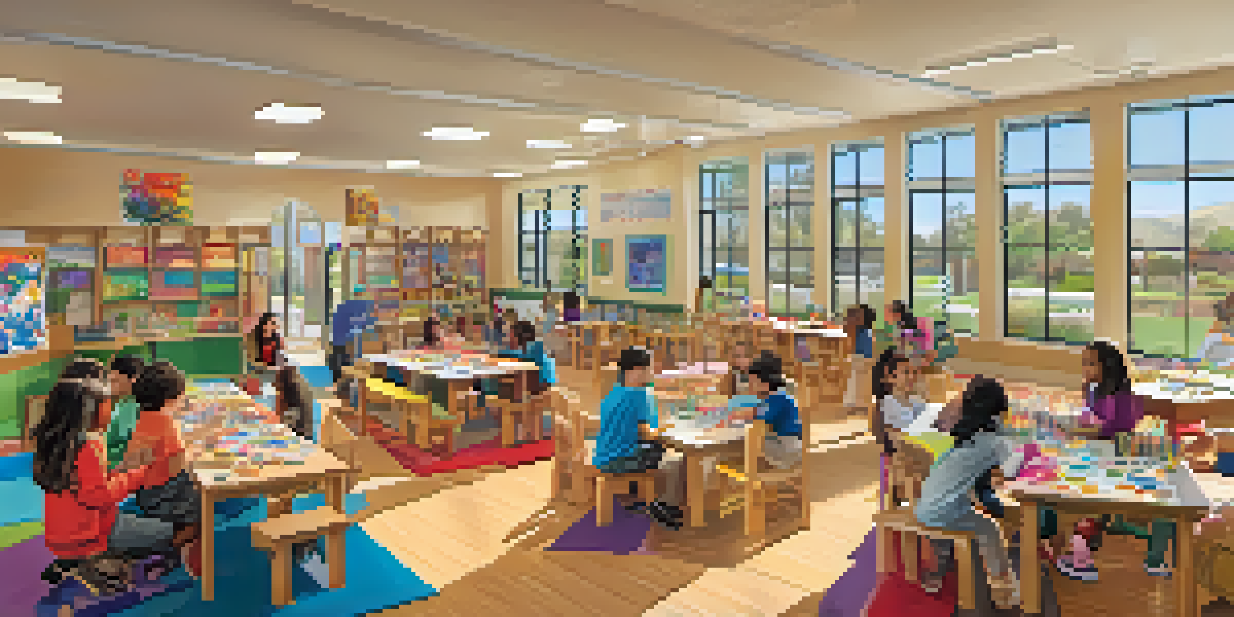 Children of various ethnicities participating in arts and crafts at a community center, surrounded by colorful art supplies and warm lighting.