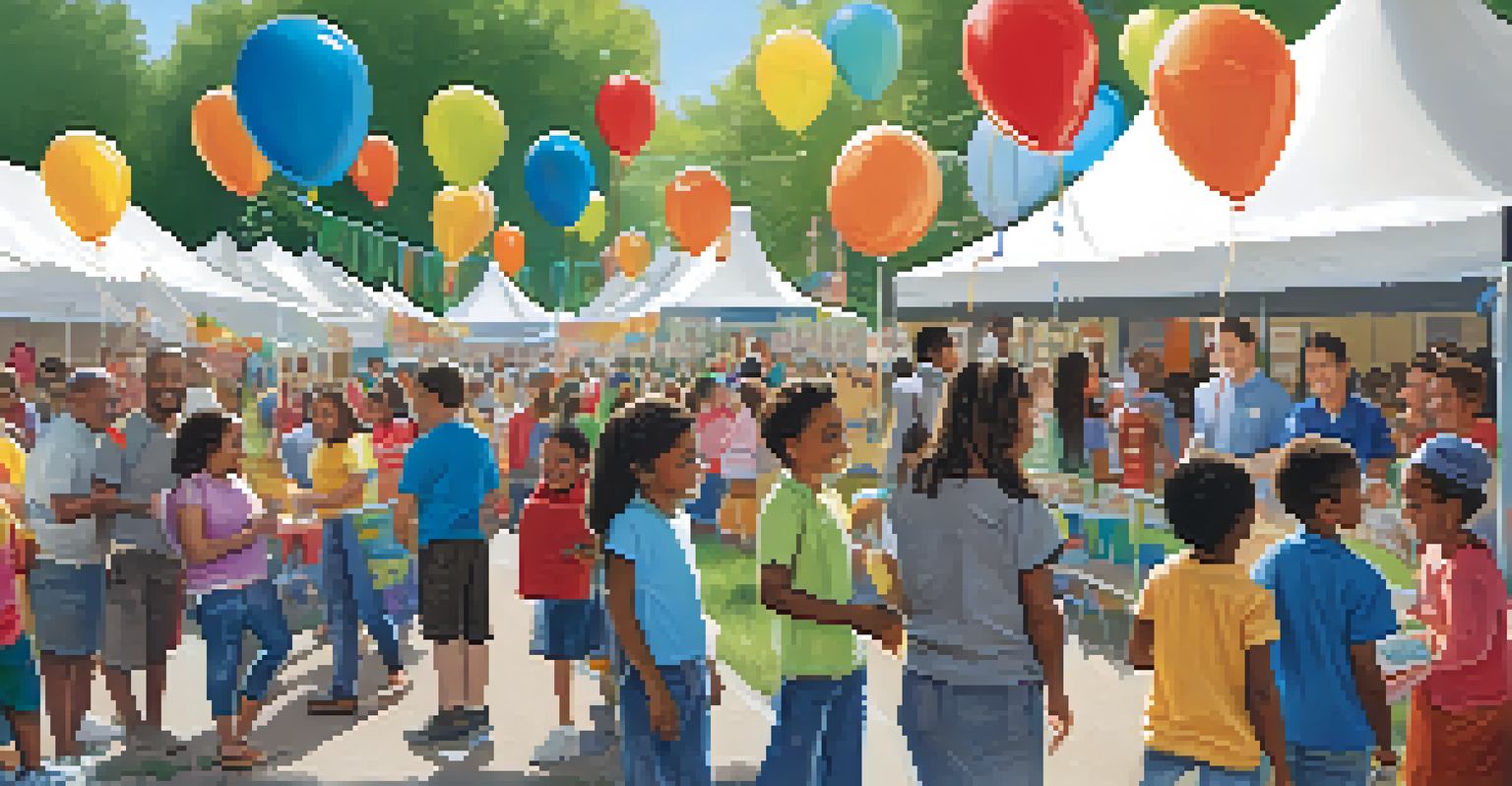 A community event at a school with families and educators engaging at booths, decorated with balloons and banners.