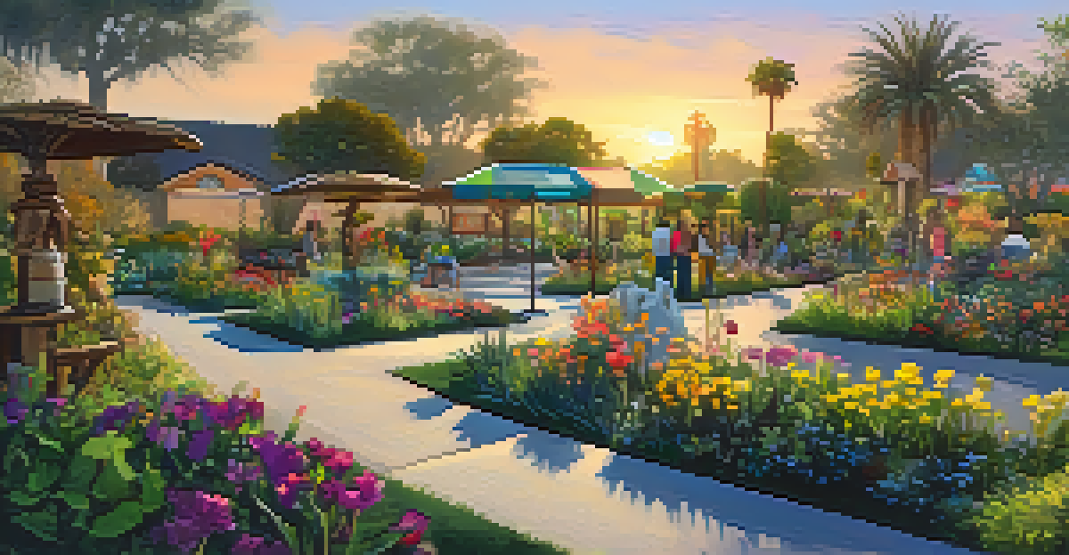 A community garden in Carlsbad featuring artistic sculptures and installations surrounded by greenery and flowers.
