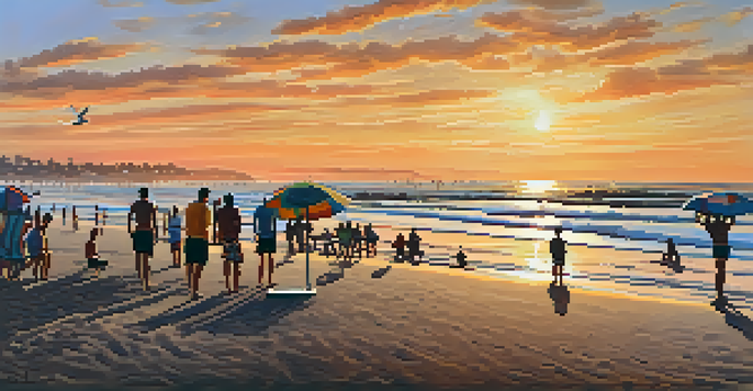 A sunset view over Carlsbad State Beach with beachgoers enjoying the sand and waves.