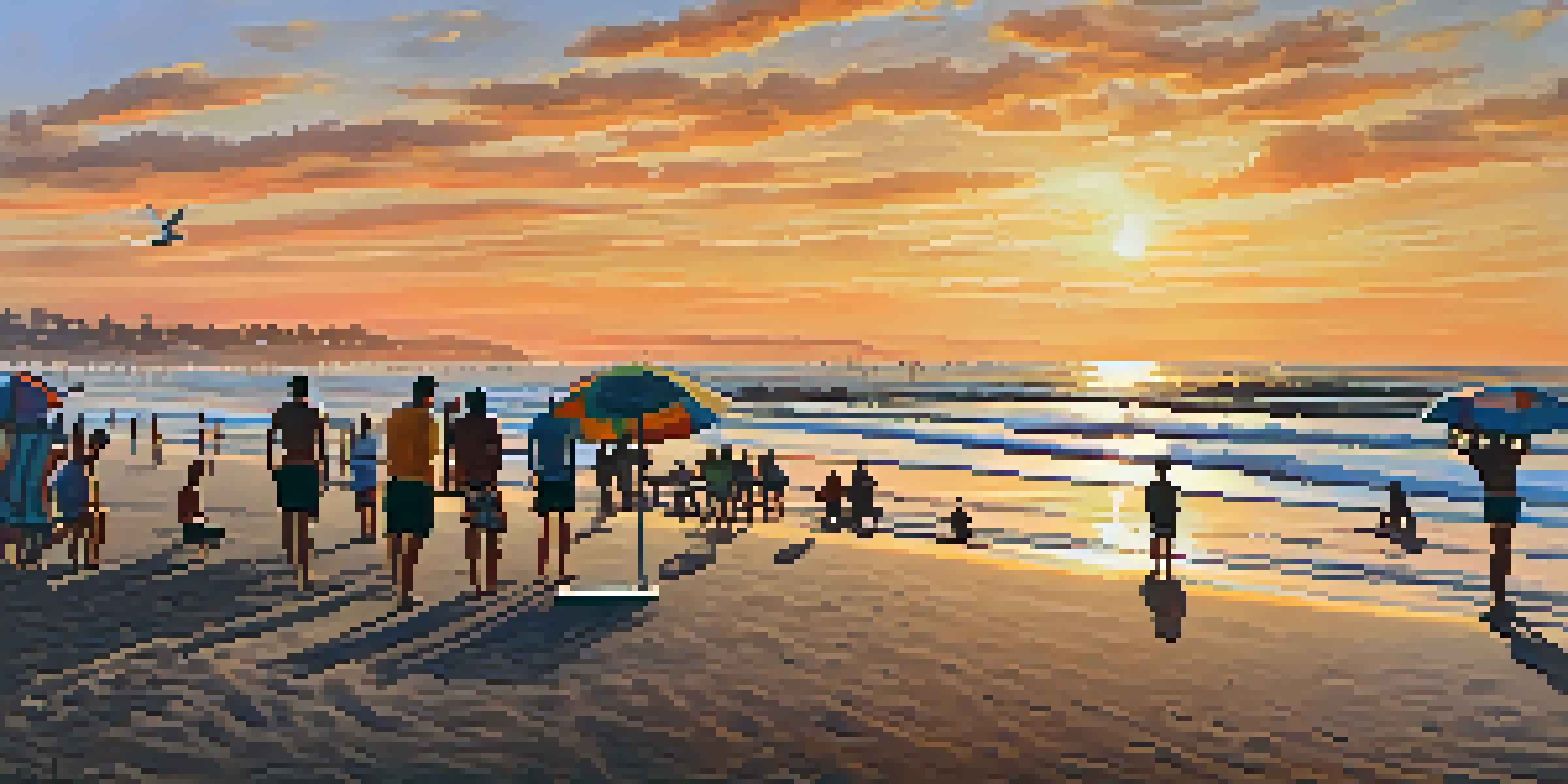A sunset view over Carlsbad State Beach with beachgoers enjoying the sand and waves.