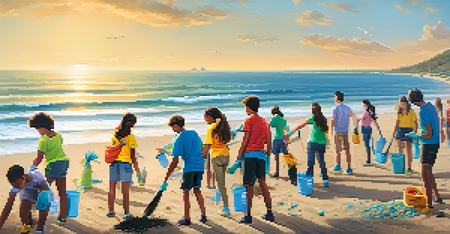Students participating in a beach clean-up, collecting litter on a sunny day with the ocean in the background.