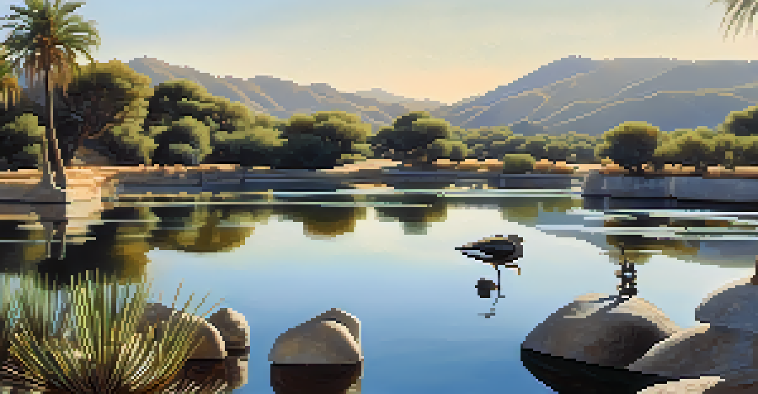 A peaceful lagoon scene with sculptures and reflections on the water, surrounded by greenery and wildlife.