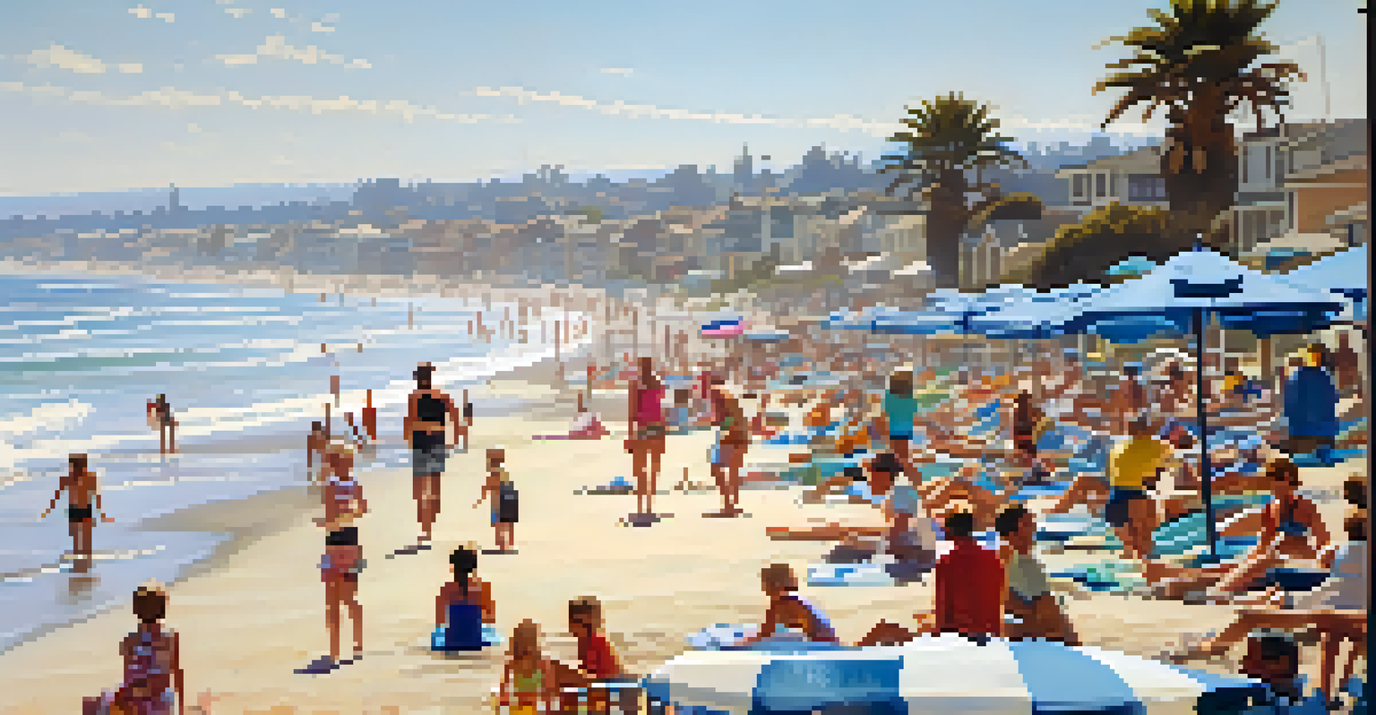 A busy summer beach scene in Carlsbad with families enjoying the sun and ocean.