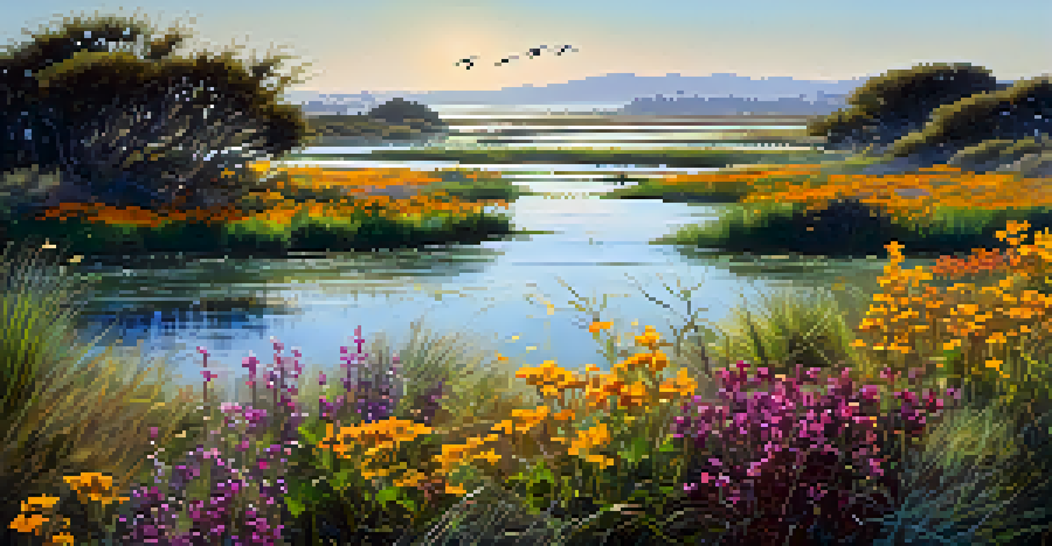 A colorful wetland scene with blooming wildflowers, salt marshes, and birds flying in a sunny sky.