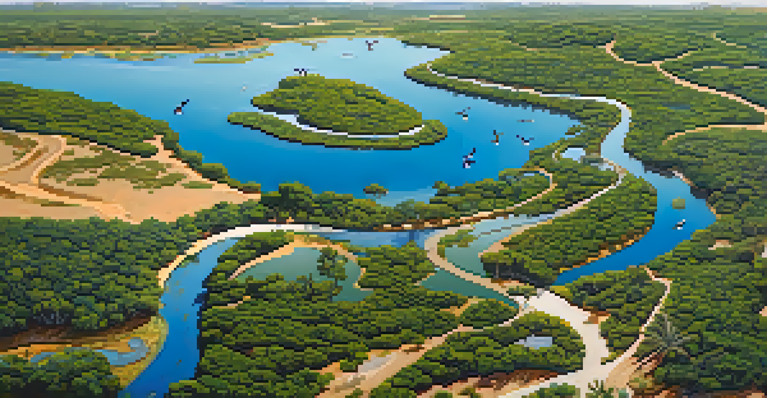 Aerial view of Batiquitos Lagoon with lush greenery, winding paths, and people enjoying the natural surroundings.