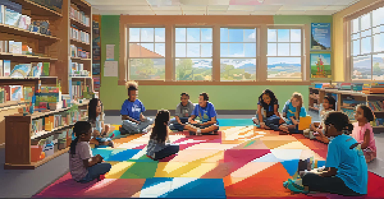 A volunteer mentoring children in a bright, cheerful classroom filled with books and art supplies.
