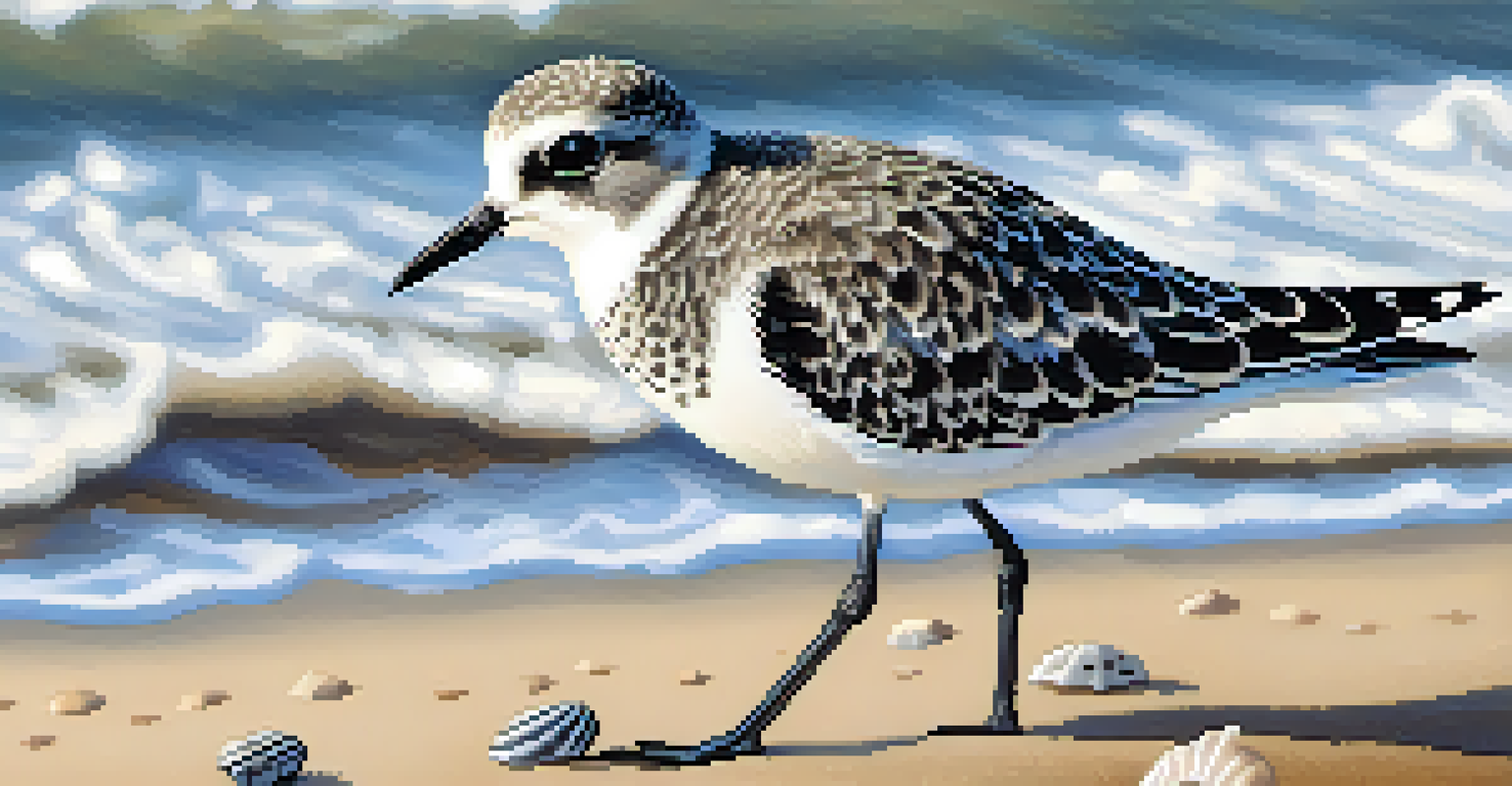A detailed close-up of a Black-bellied Plover on a sandy beach, with ocean waves and seashells in the background.