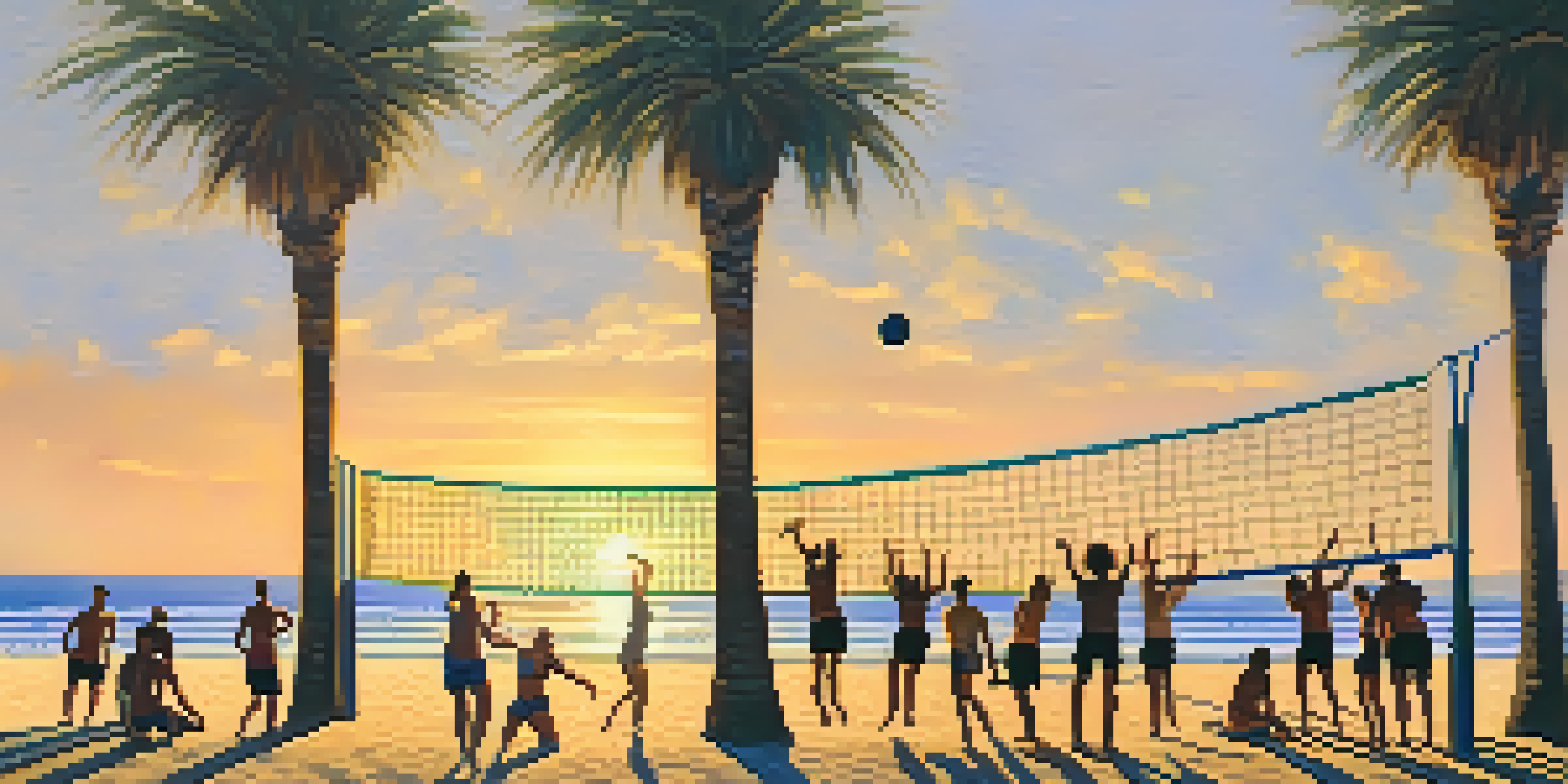 Players enjoying a beach volleyball game at sunset with a vibrant beach backdrop and palm trees.