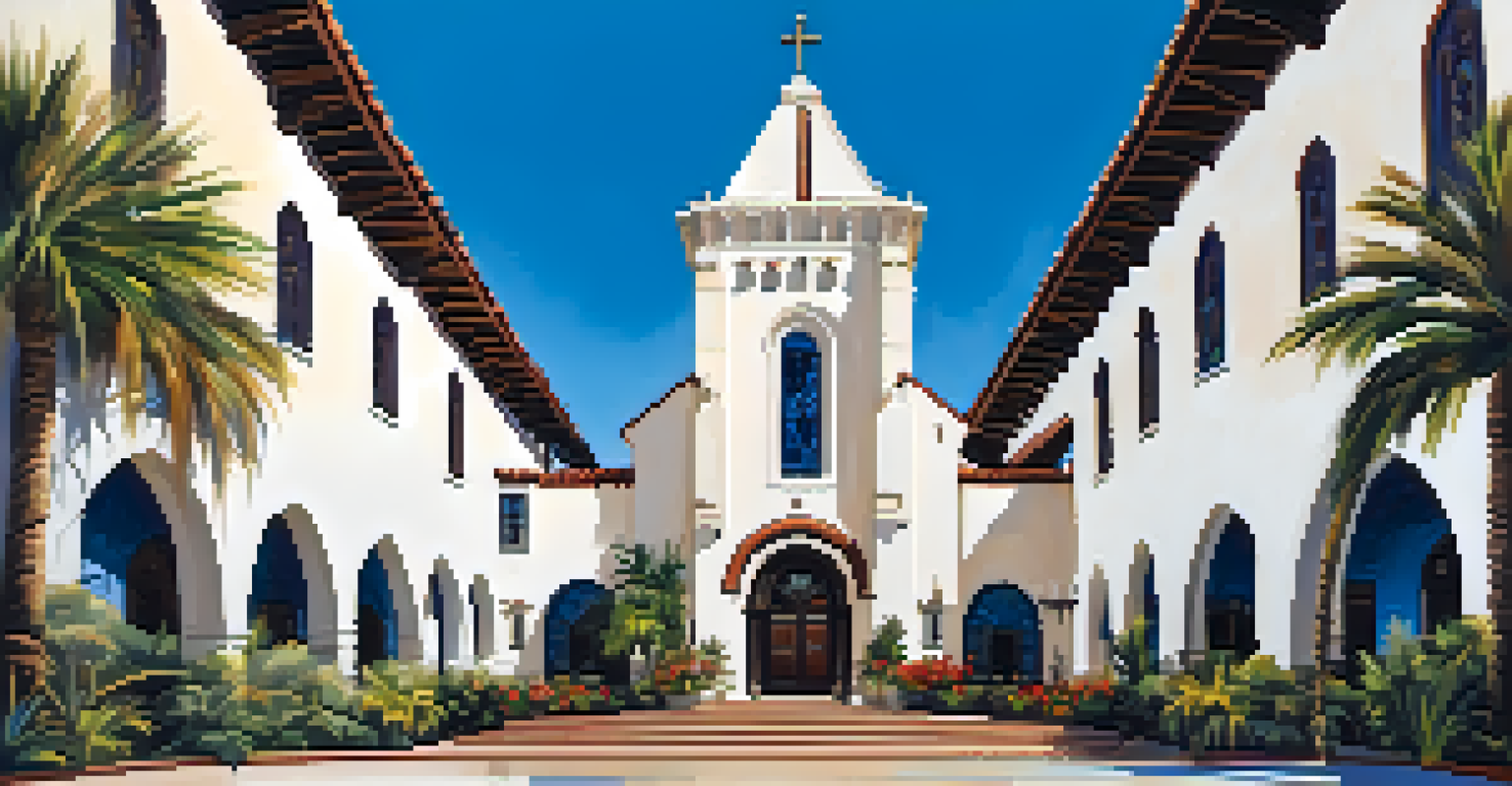 The historic St. Patrick's Catholic Church in Carlsbad, showcasing Spanish Revival architecture with a bell tower and decorative details.
