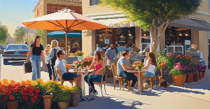 An outdoor coffee shop patio with happy customers and dogs relaxing, surrounded by flowers and sunlight.