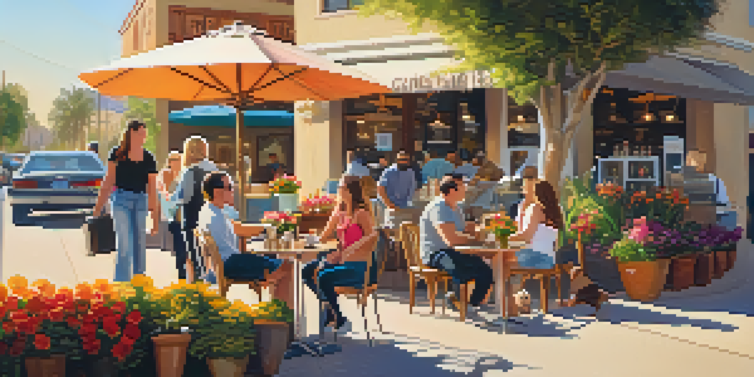 An outdoor coffee shop patio with happy customers and dogs relaxing, surrounded by flowers and sunlight.