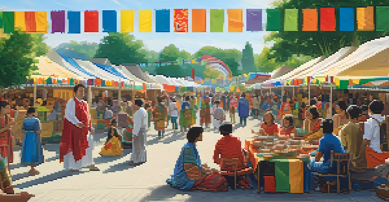 An outdoor cultural festival with diverse booths and performances near a library, where people enjoy food and crafts.