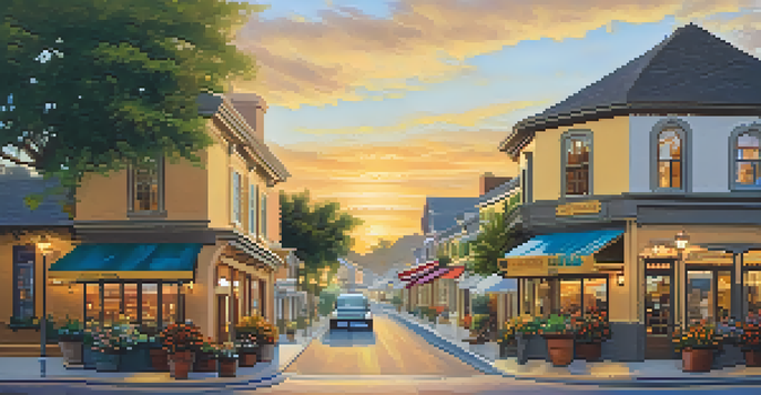 A charming view of Carlsbad Village with historic buildings and cobblestone streets, bathed in warm sunset light.
