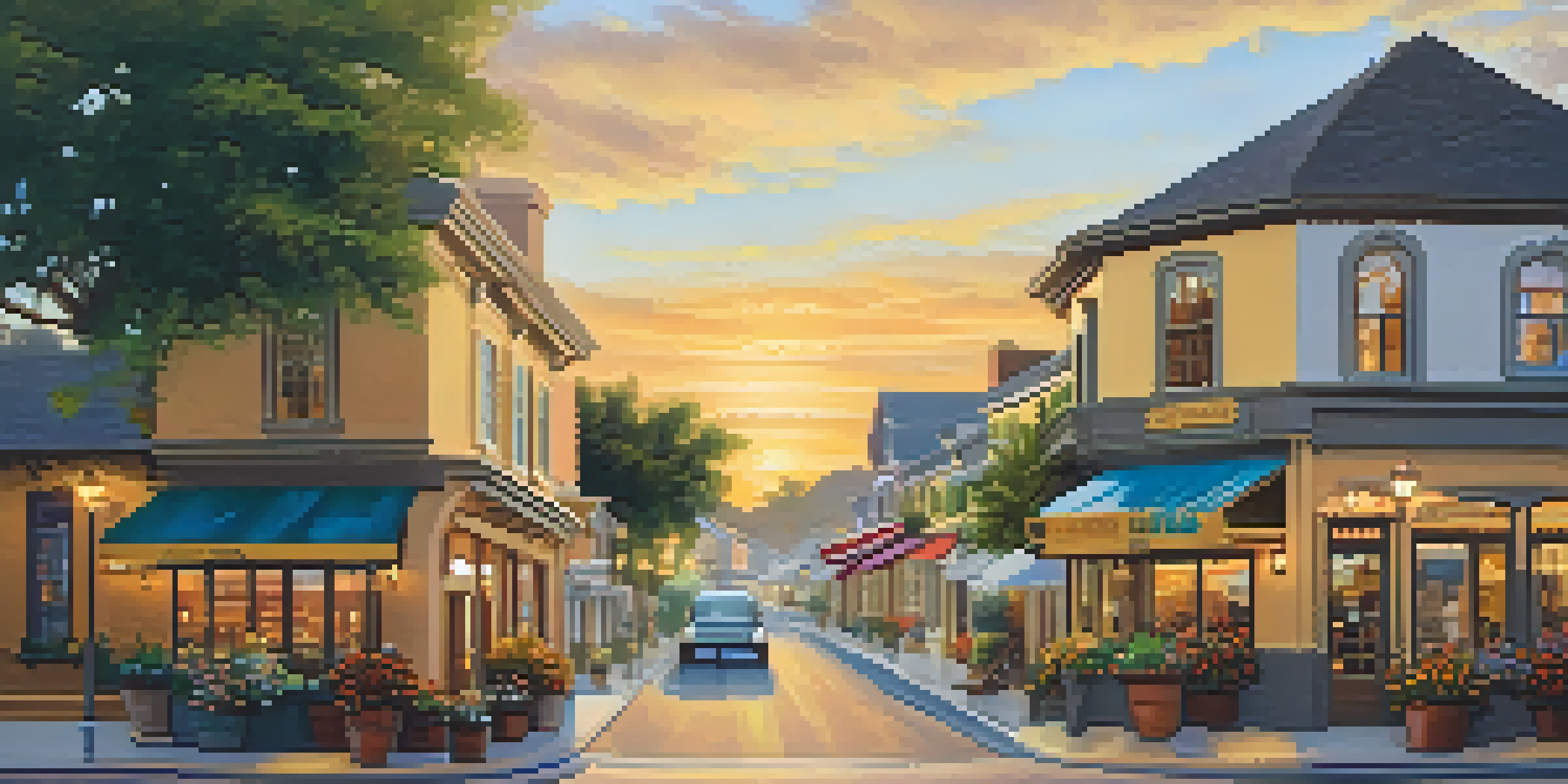 A charming view of Carlsbad Village with historic buildings and cobblestone streets, bathed in warm sunset light.