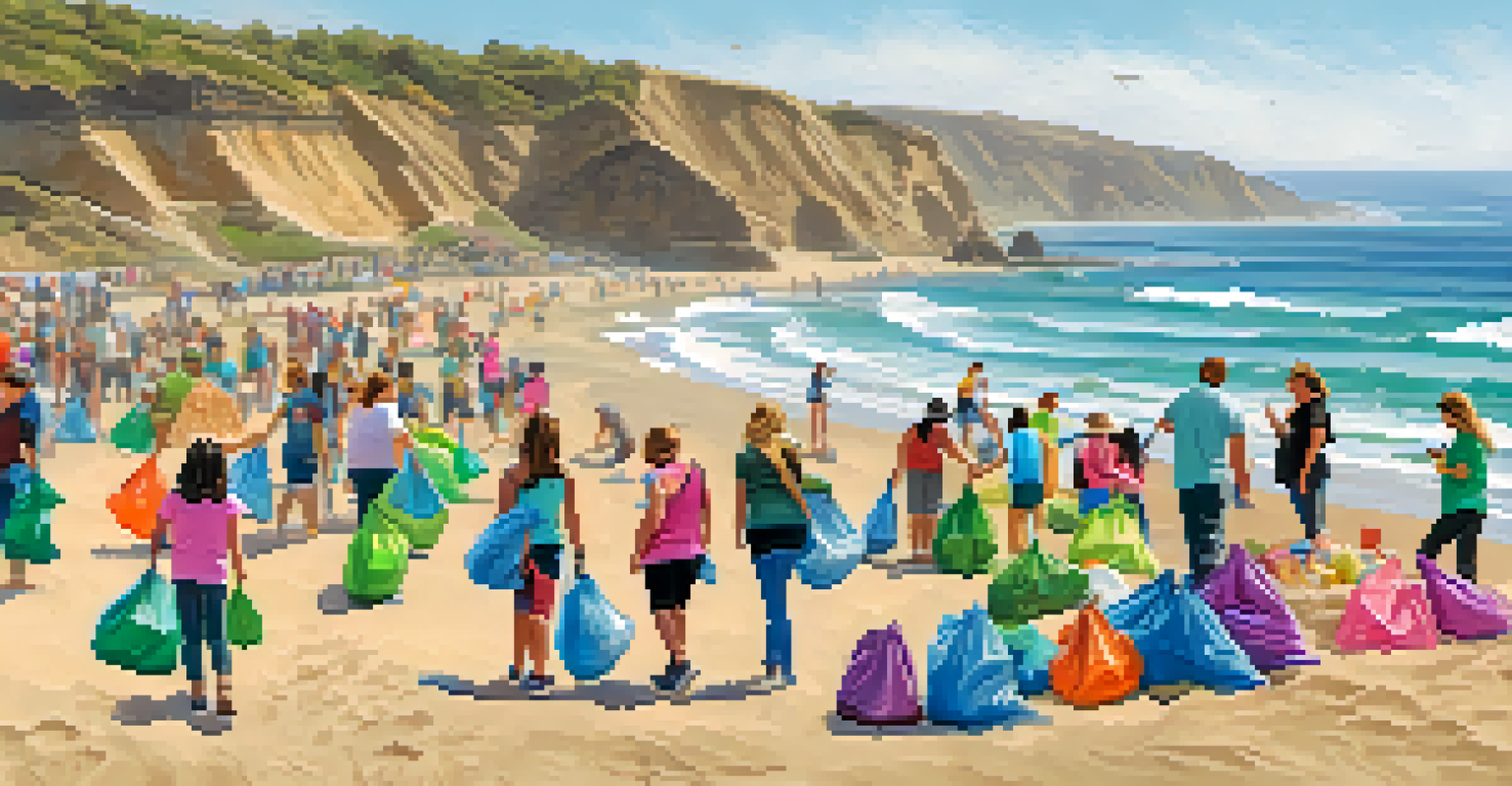 A lively beach cleanup event in Carlsbad, with volunteers of various ages picking up litter along the shore, colorful trash bags in view, and cliffs in the background.
