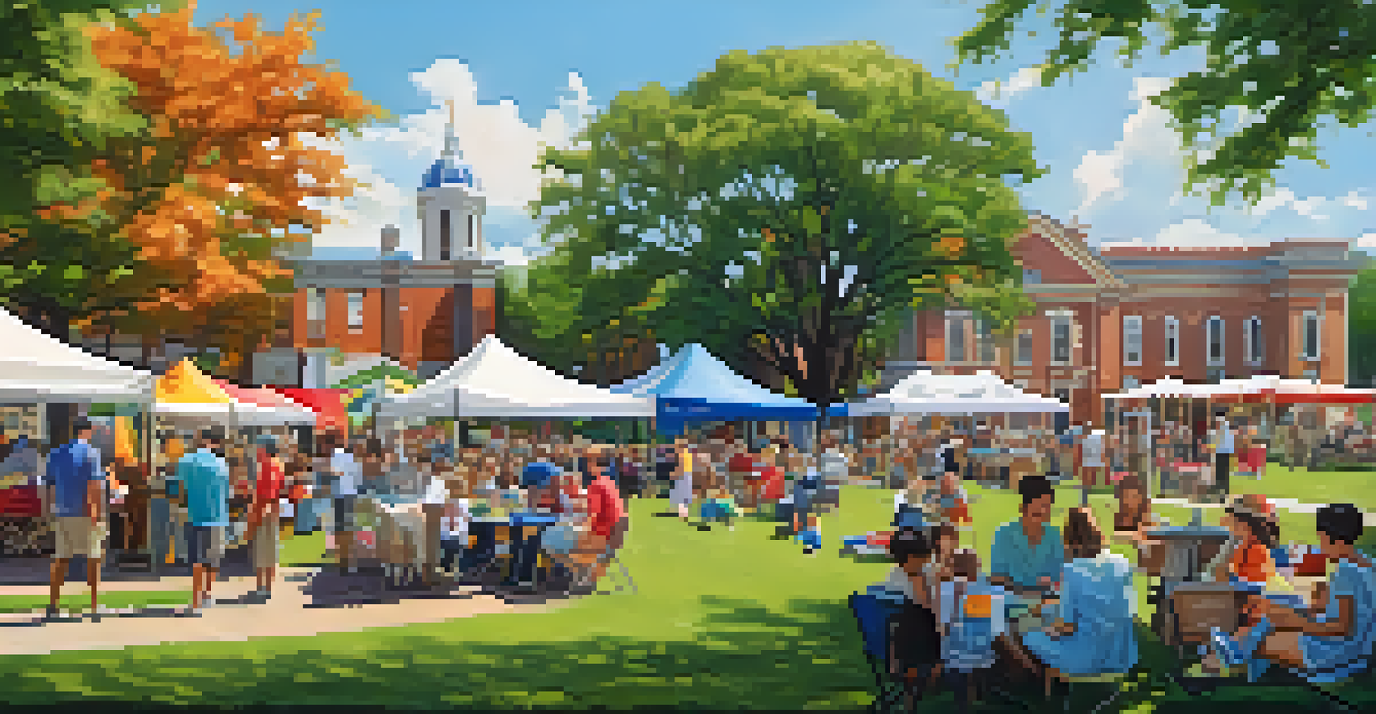 A community event in Magee Park with families enjoying a sunny day, colorful booths, and historic buildings in the background, surrounded by lush trees.